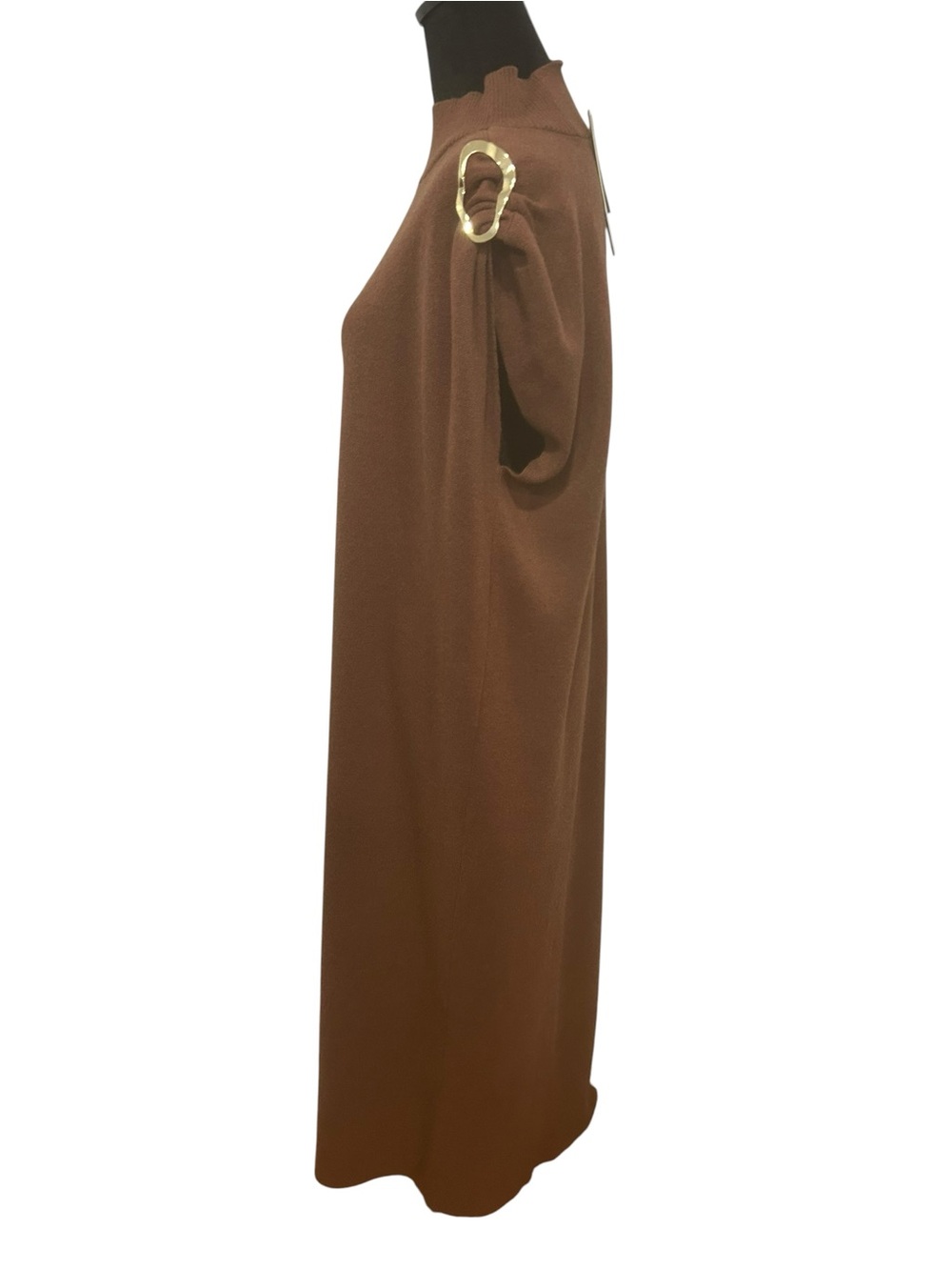 Anthropologie new Maxi knit dress large brown &gold Buckle Draped Mock Neck chic - Picture 7 of 16